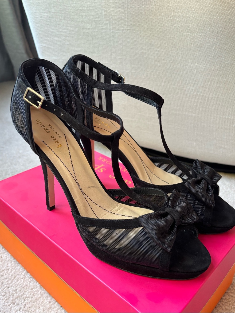 Kate Spade Black T-Strap Mesh Bow High Heel Sandals